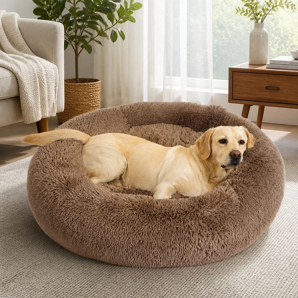 XXL Brown Donut Pet Bed with Non-Slip Base
