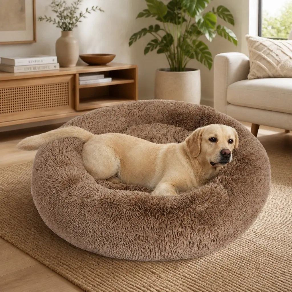XXL Brown Donut Pet Bed with Non-Slip Base