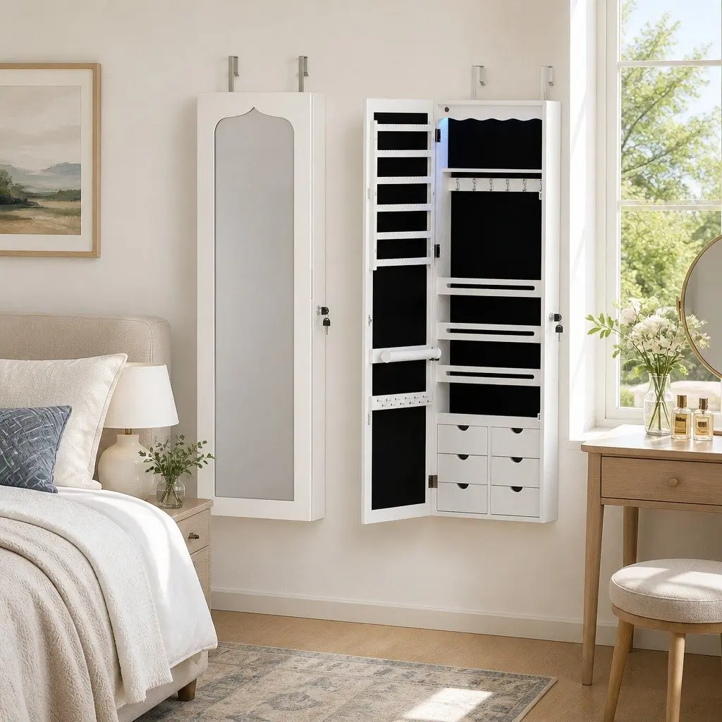 Lockable White Wall-Mount Jewellery Cabinet with LED Mirror