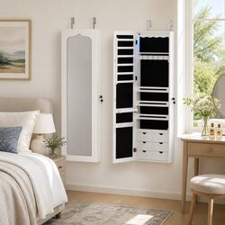 Lockable White Wall-Mount Jewellery Cabinet with LED Mirror