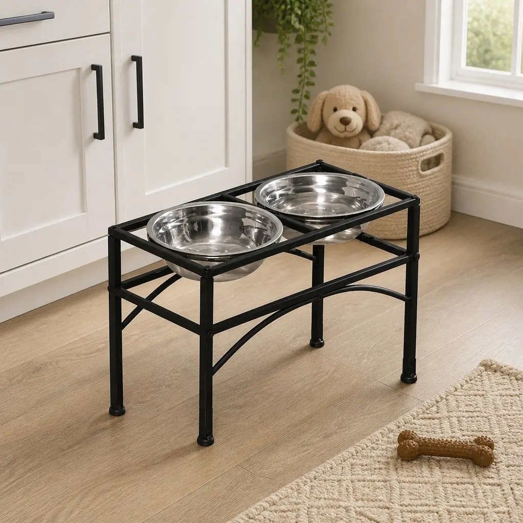 Dual Elevated Pet Feeder Stainless Steel Bowls Medium Black Iron Base
