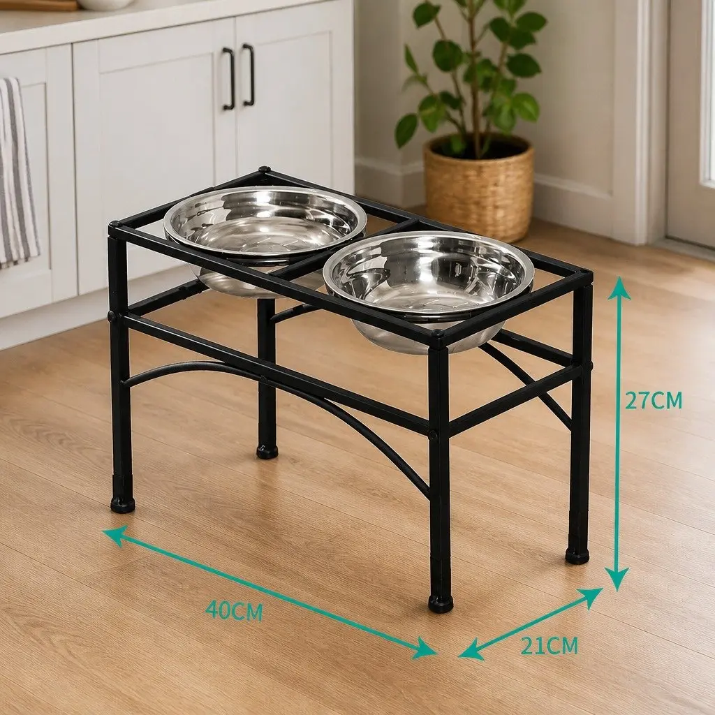Dual Elevated Pet Feeder Stainless Steel Bowls Medium Black Iron Base