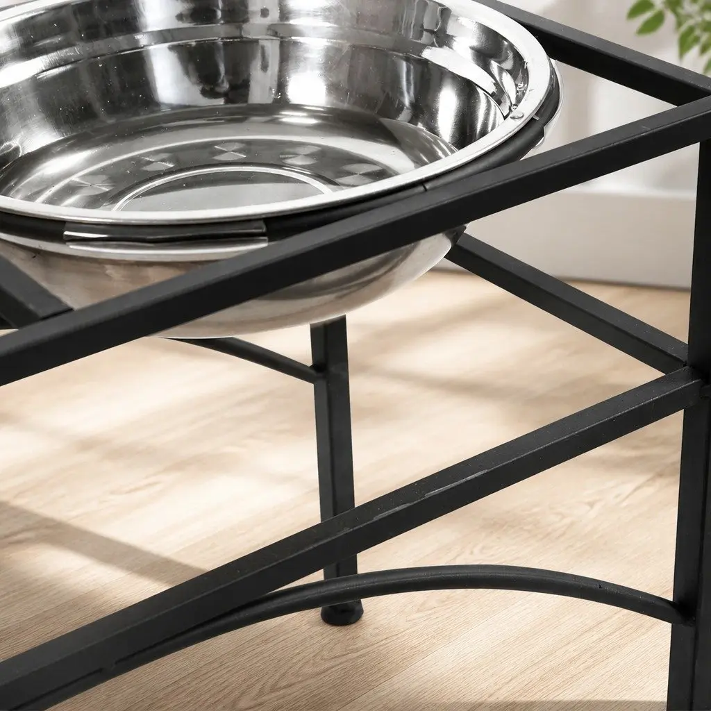Dual Elevated Pet Feeder Stainless Steel Bowls Medium Black Iron Base