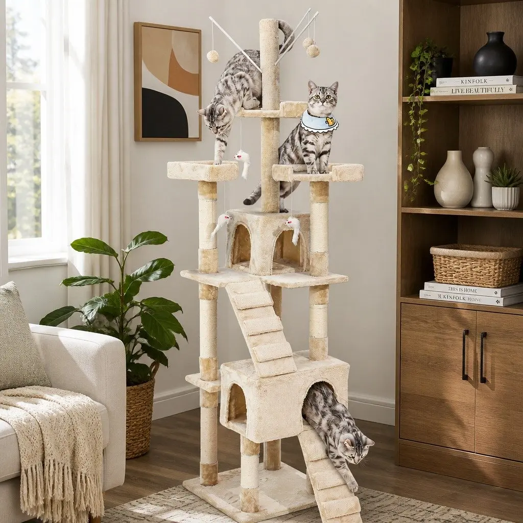 Plush Beige Multi-Level Cat Tree with Durable Structure