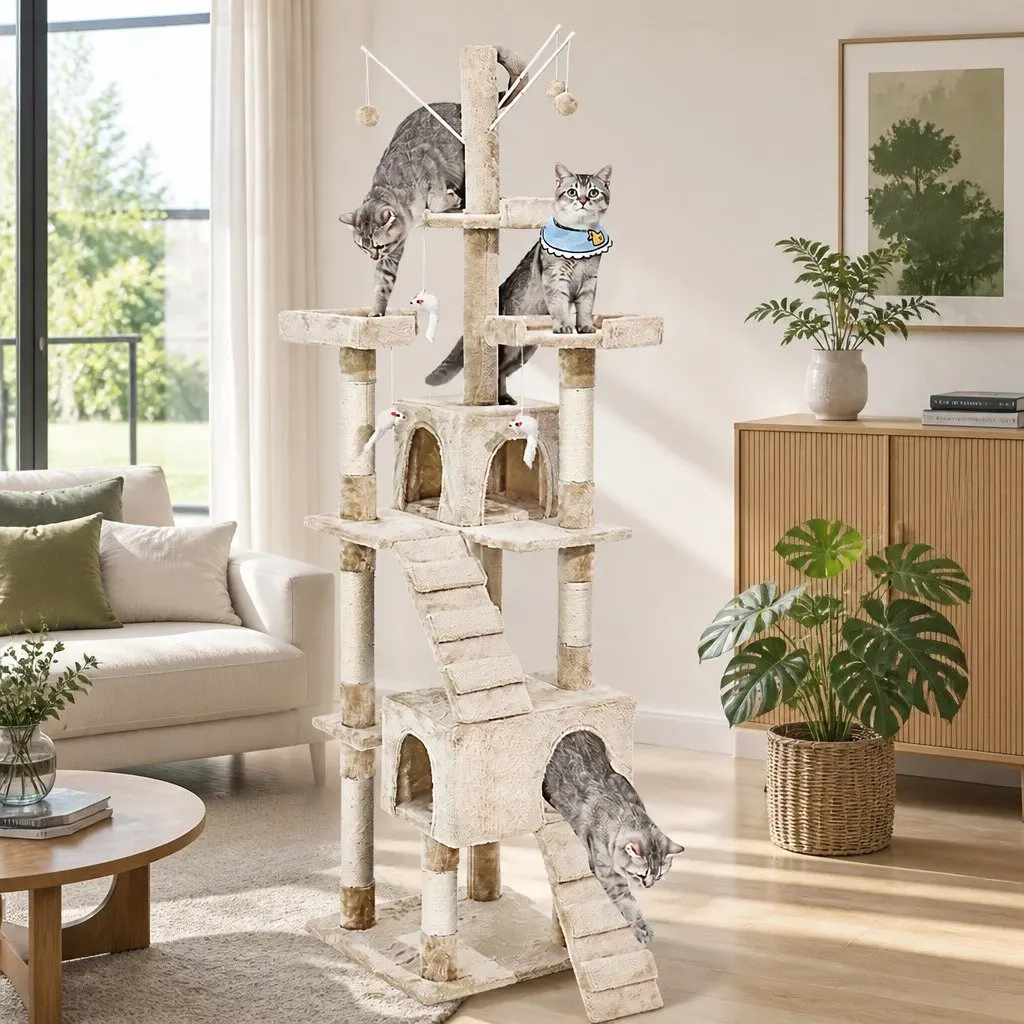 Plush Beige Multi-Level Cat Tree with Durable Structure