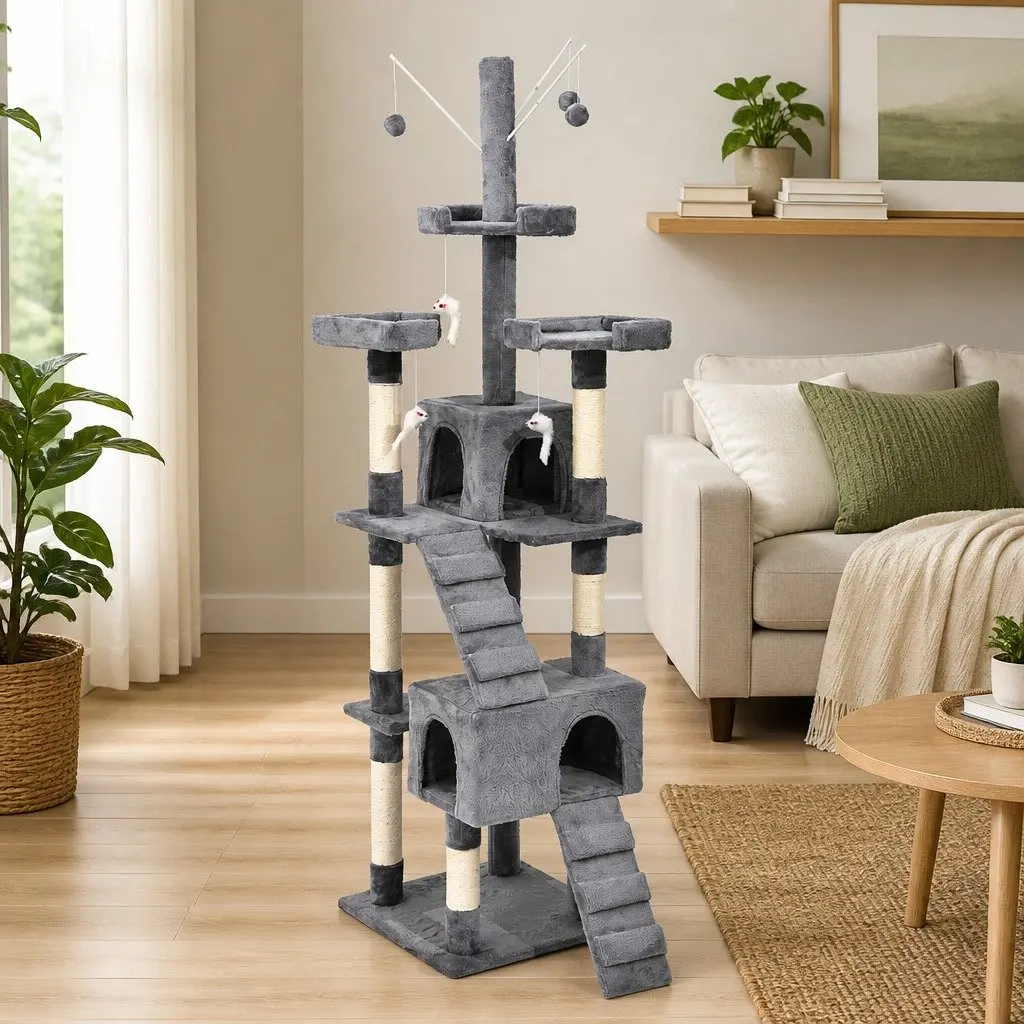 Cat Tree Plush Multi-Level Climbing Frame Sisal Poles Grey