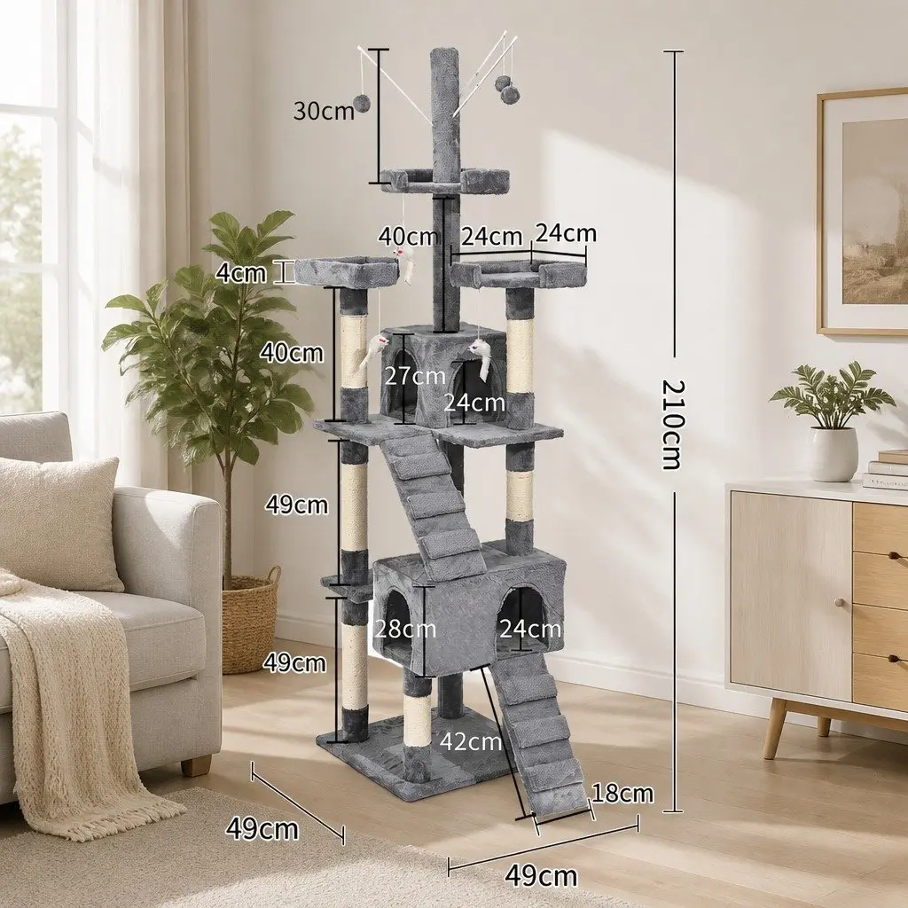 Cat Tree Plush Multi-Level Climbing Frame Sisal Poles Grey