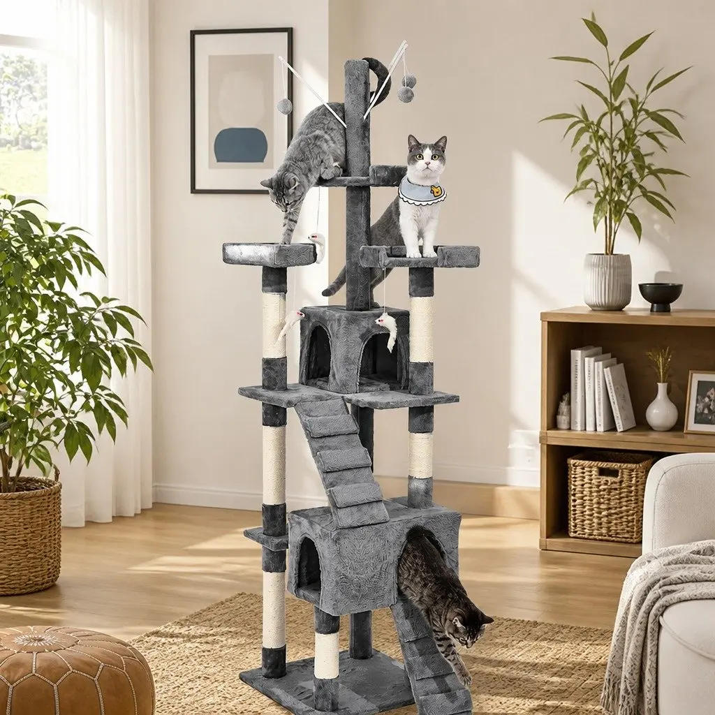 Cat Tree Plush Multi-Level Climbing Frame Sisal Poles Grey