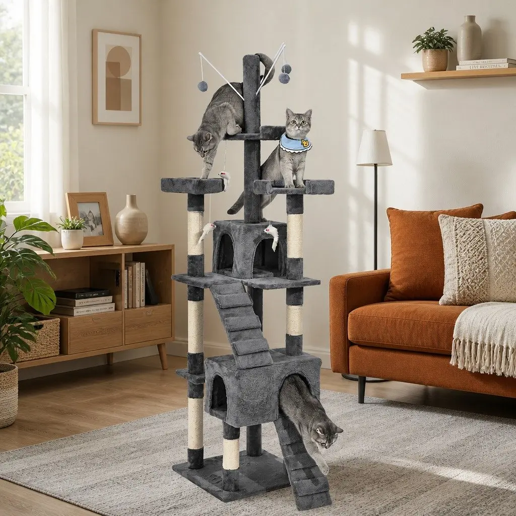 Cat Tree Plush Multi-Level Climbing Frame Sisal Poles Grey