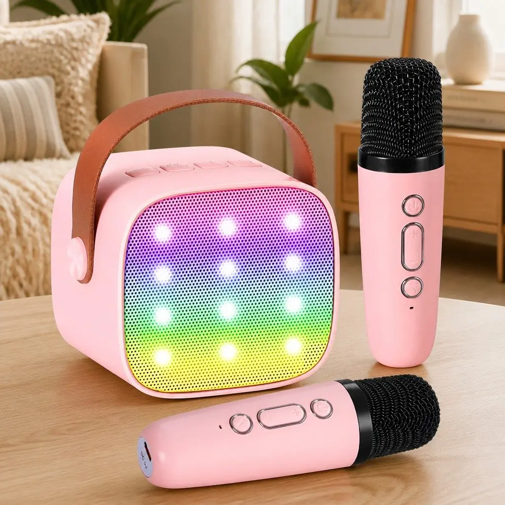 Mini Karaoke Machine Pink with Dual Wireless Mics