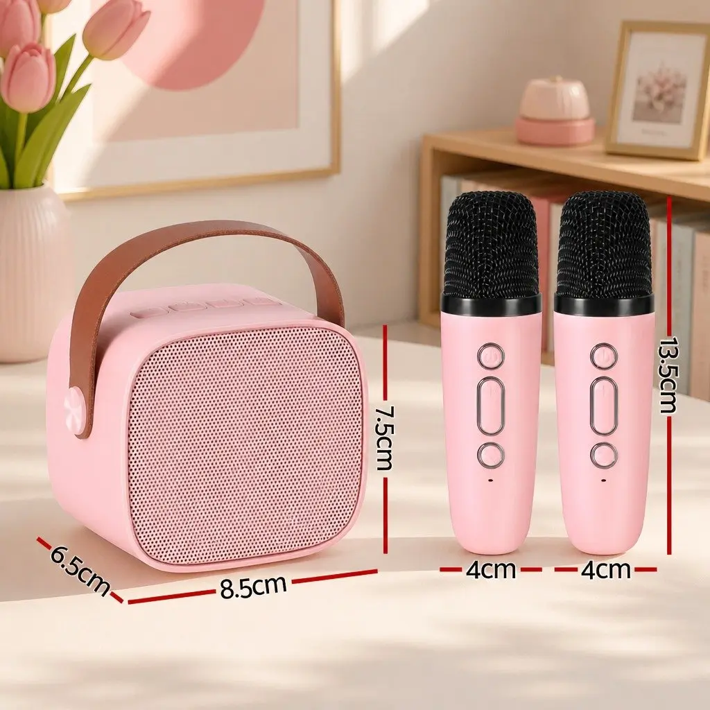 Mini Karaoke Machine Pink with Dual Wireless Mics