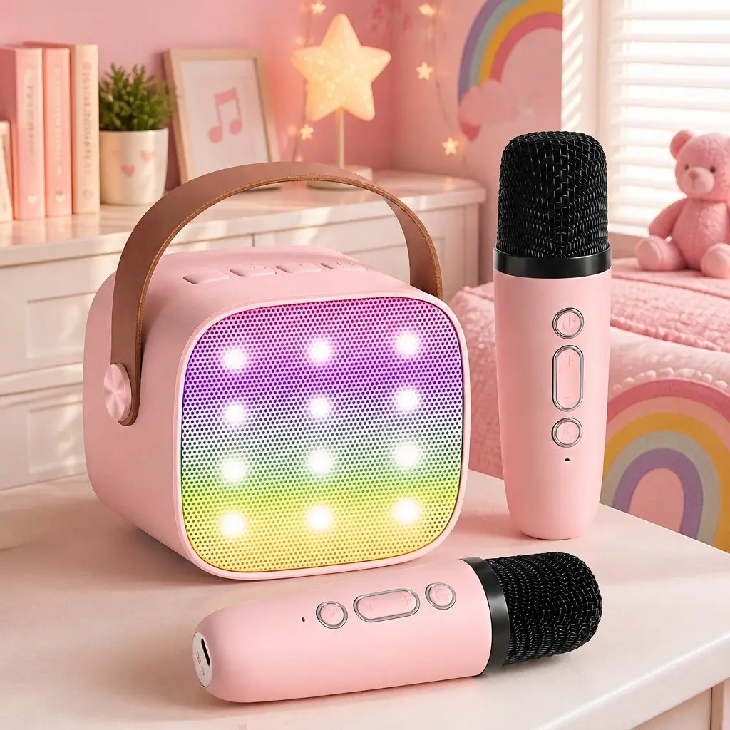 Mini Karaoke Machine Pink with Dual Wireless Mics