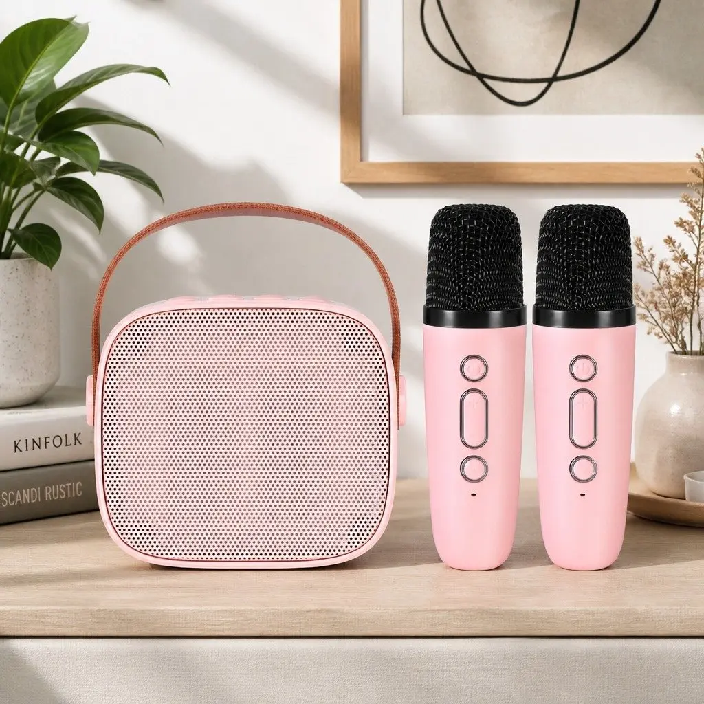 Mini Karaoke Machine Pink with Dual Wireless Mics