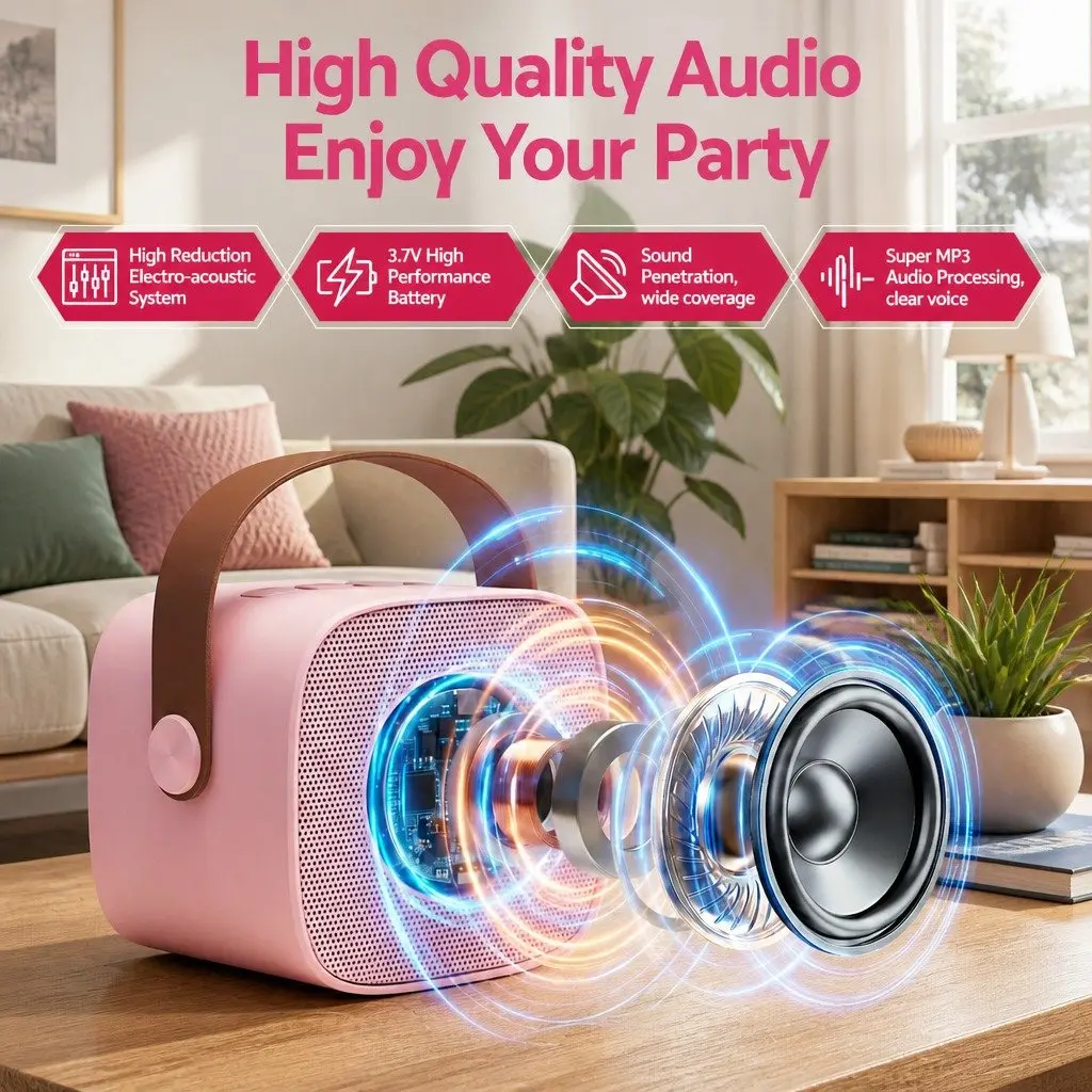 Mini Karaoke Machine Pink with Dual Wireless Mics