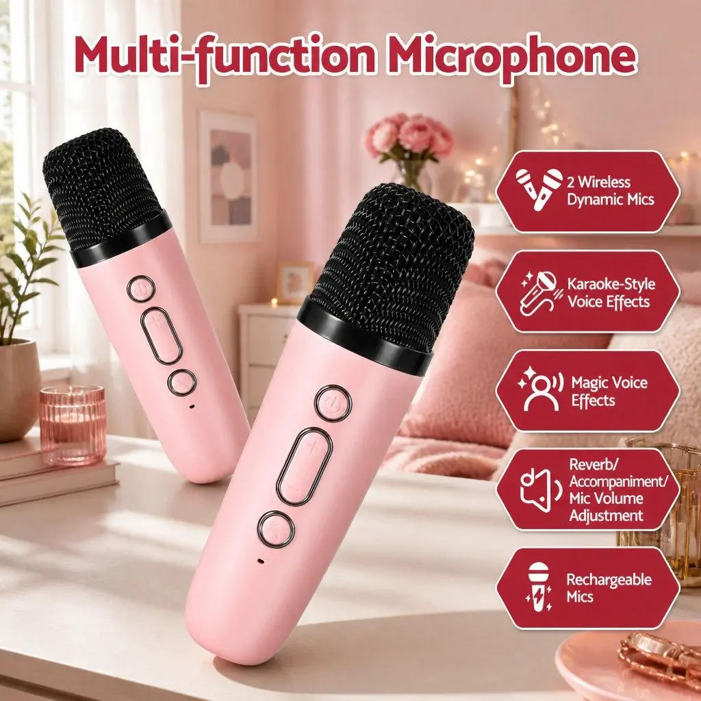 Mini Karaoke Machine Pink with Dual Wireless Mics