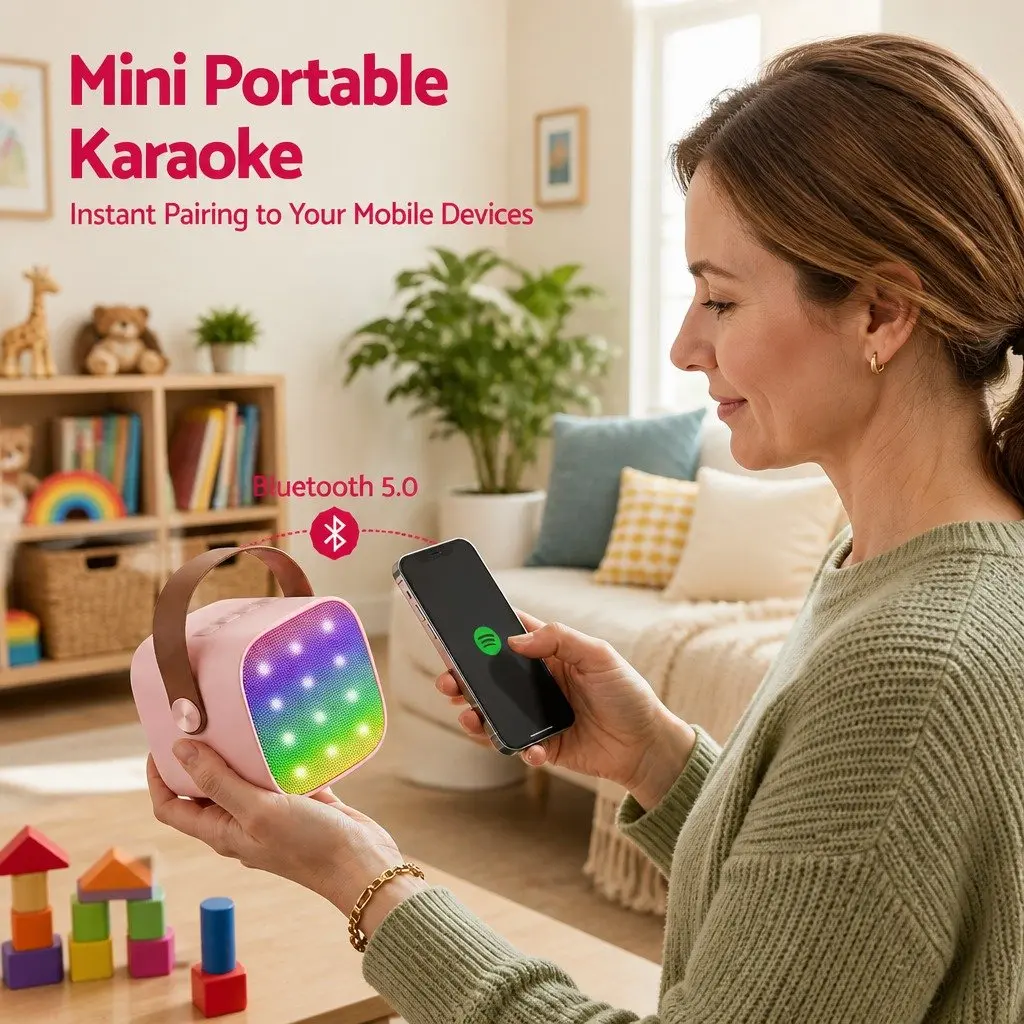 Mini Karaoke Machine Pink with Dual Wireless Mics