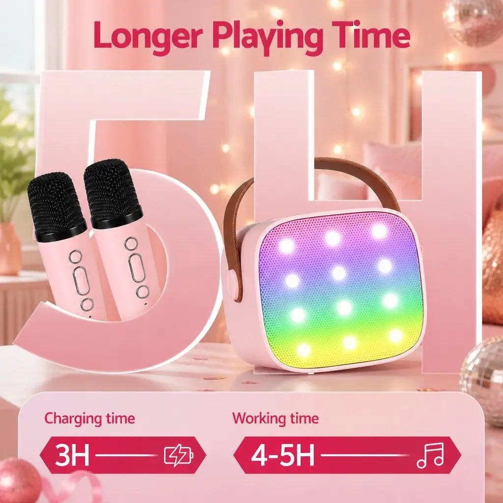 Mini Karaoke Machine Pink with Dual Wireless Mics
