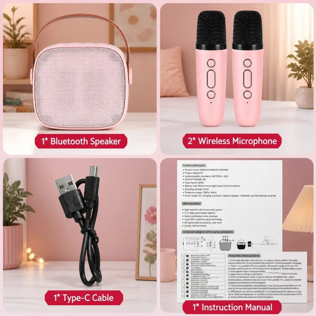 Mini Karaoke Machine Pink with Dual Wireless Mics