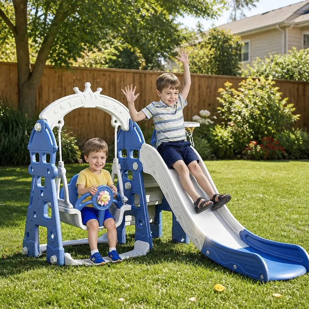 Kids Slide Swing Set HDPE Plastic 185cm x 146cm x 122cm Navy Blue and Grey 4in1 Outdoor Play Centre