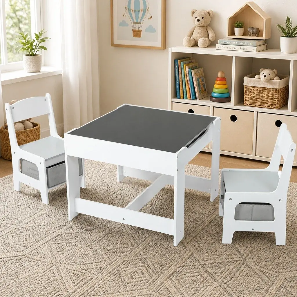 Kids Table and Chairs Set MDF White and Grey Reversible Top with Blackboard Storage 3 Piece