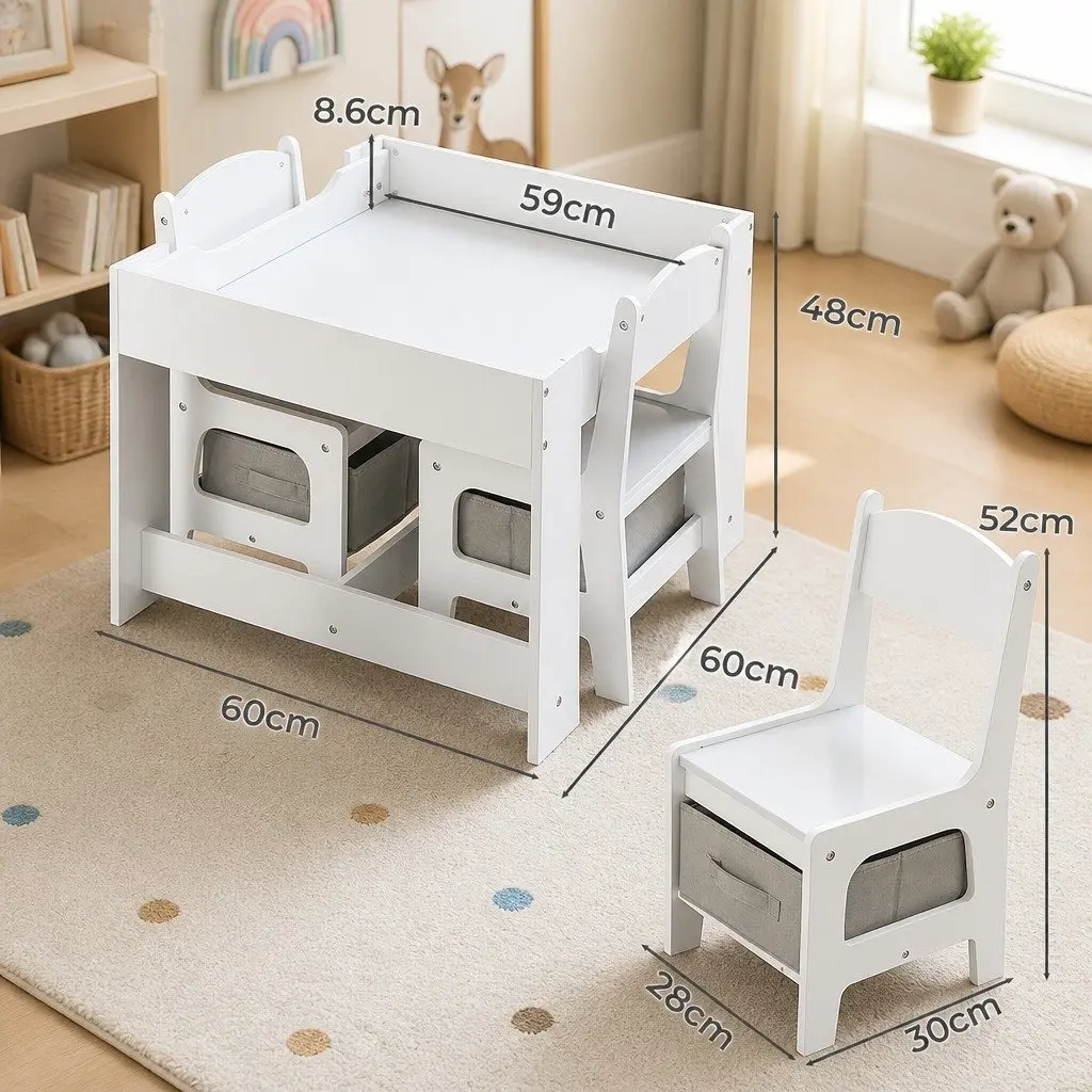 Kids Table and Chairs Set MDF White and Grey Reversible Top with Blackboard Storage 3 Piece