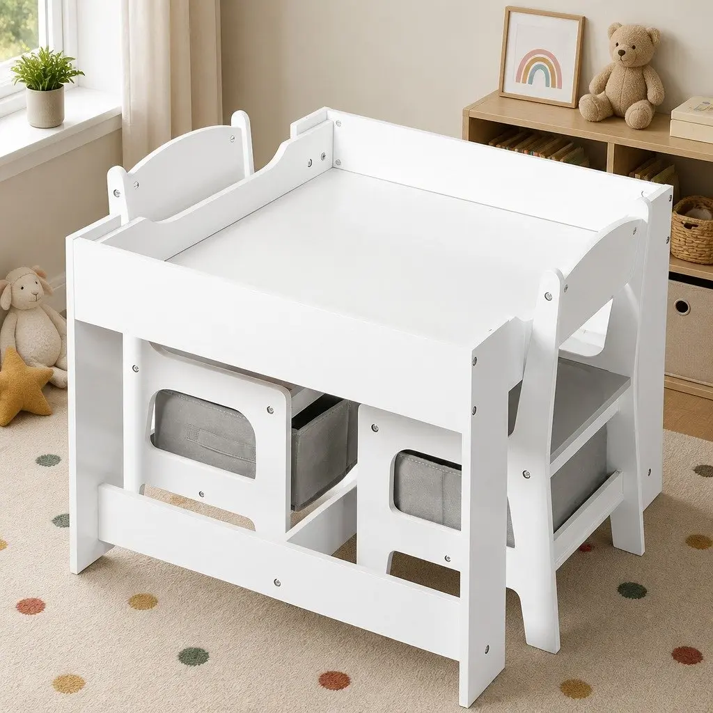 Kids Table and Chairs Set MDF White and Grey Reversible Top with Blackboard Storage 3 Piece