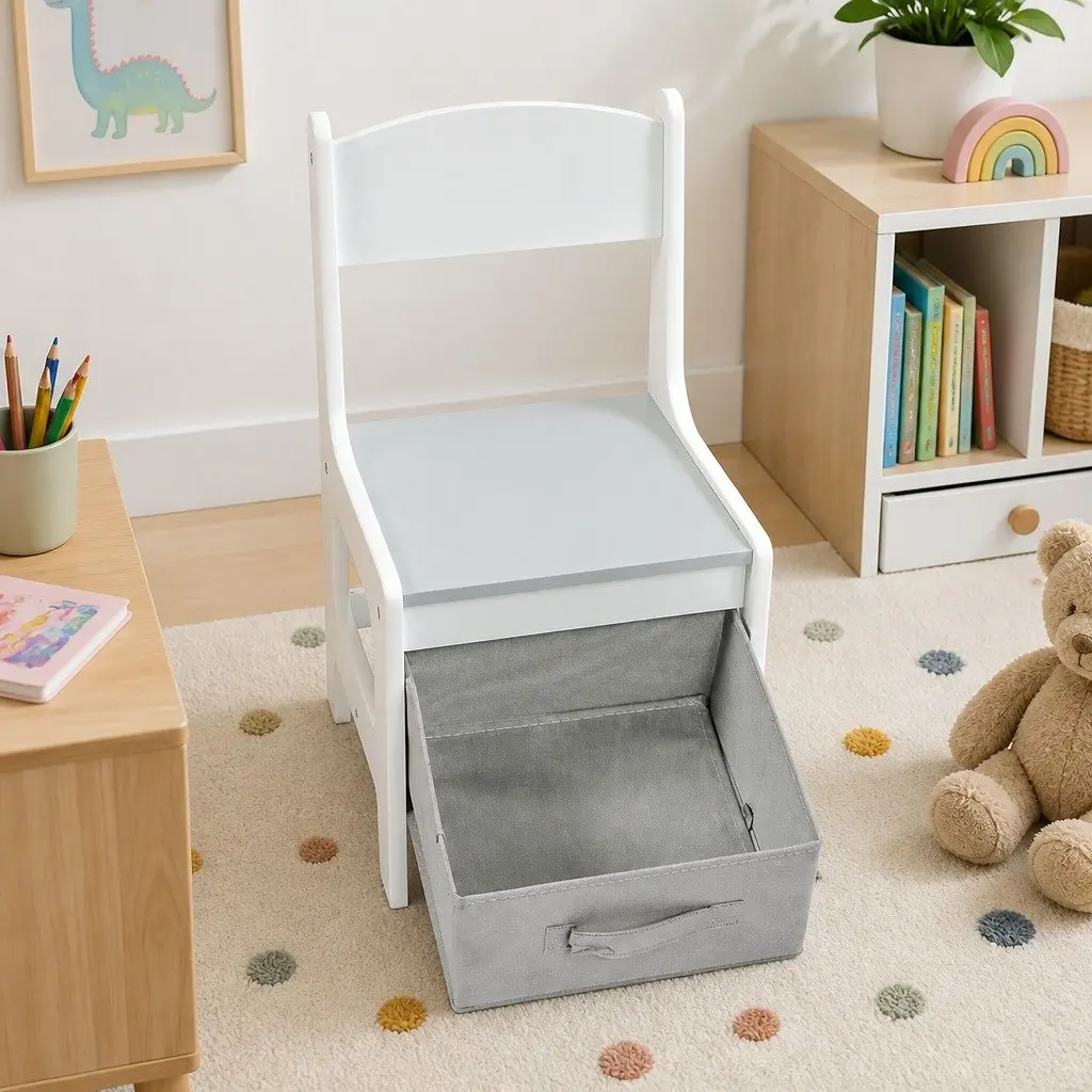 Kids Table and Chairs Set MDF White and Grey Reversible Top with Blackboard Storage 3 Piece