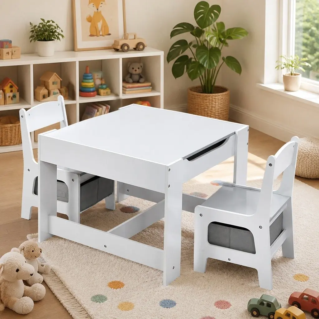 Kids Table and Chairs Set MDF White and Grey Reversible Top with Blackboard Storage 3 Piece