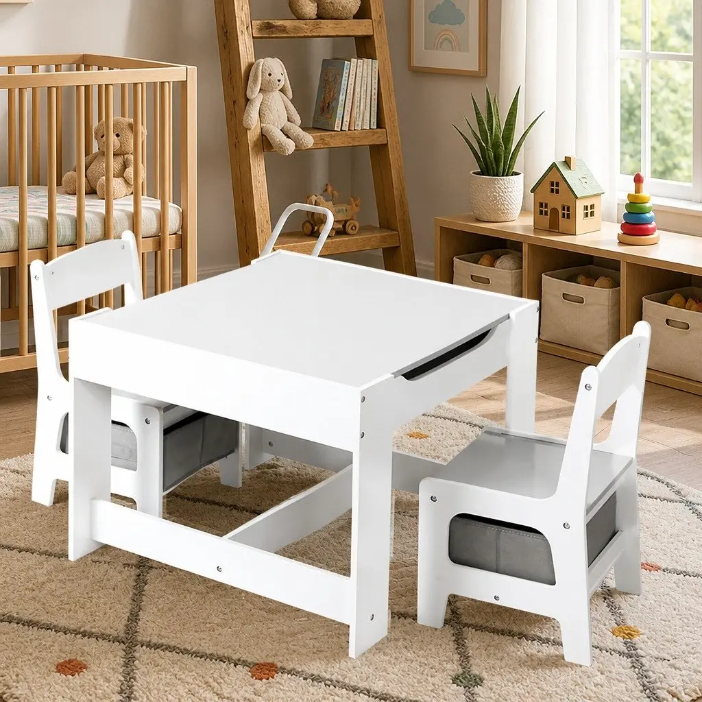 Kids Table and Chairs Set MDF White and Grey Reversible Top with Blackboard Storage 3 Piece