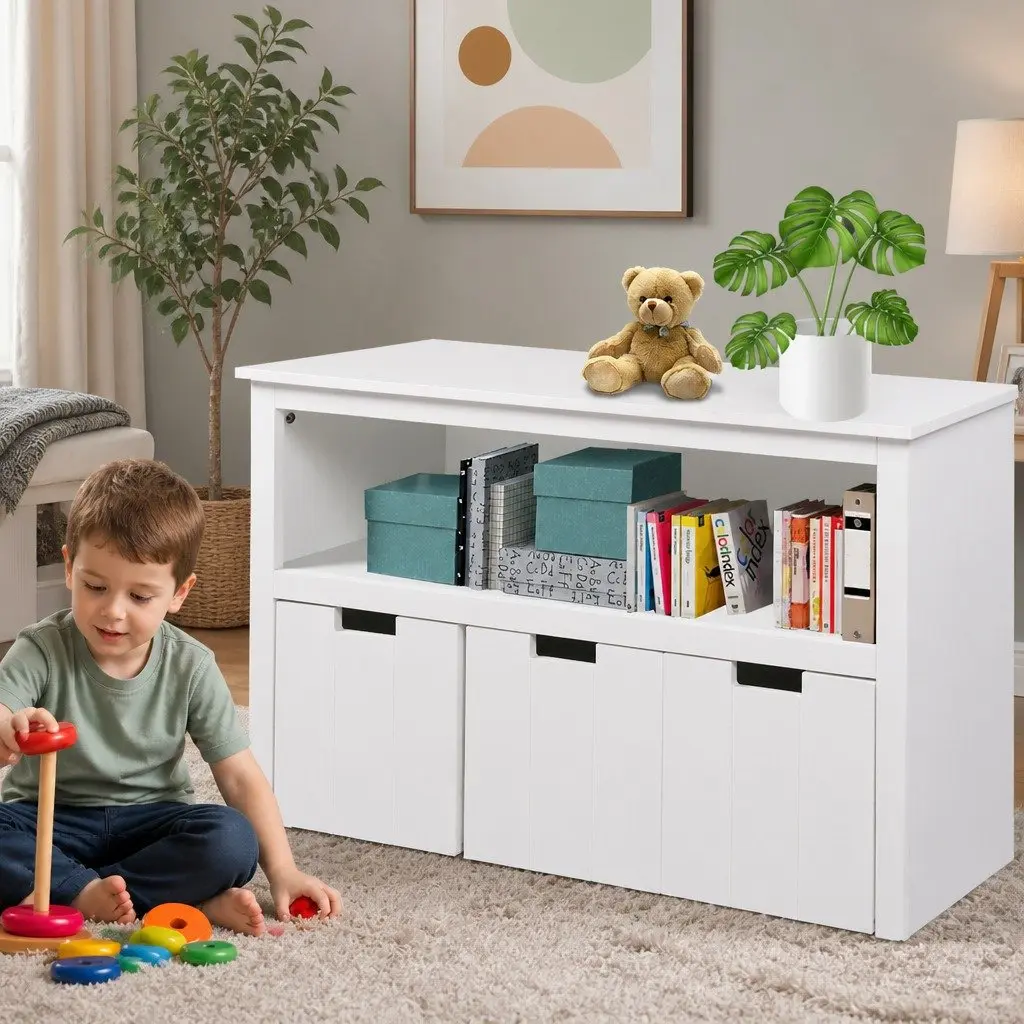 Kids Toy Storage Unit MDF Board 95.5cm x 33cm x 61cm White