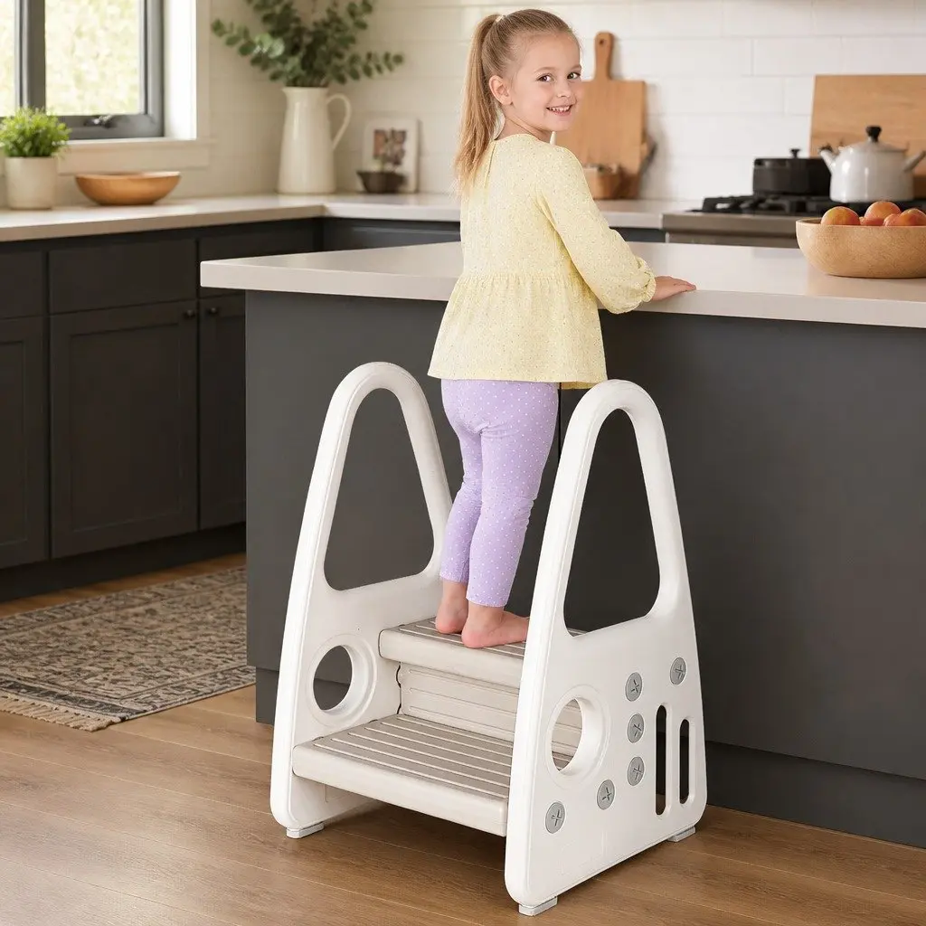 Kids Step Stool HDPE 39.5cm x 44.5cm x 61cm White and Grey