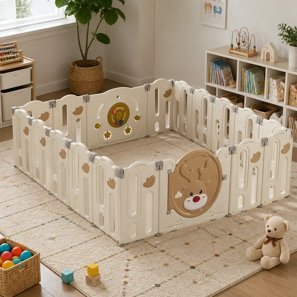 Kids Playpen HDPE 18 Panel Brown and Cream Foldable Indoor Outdoor Toddler Safety Gate