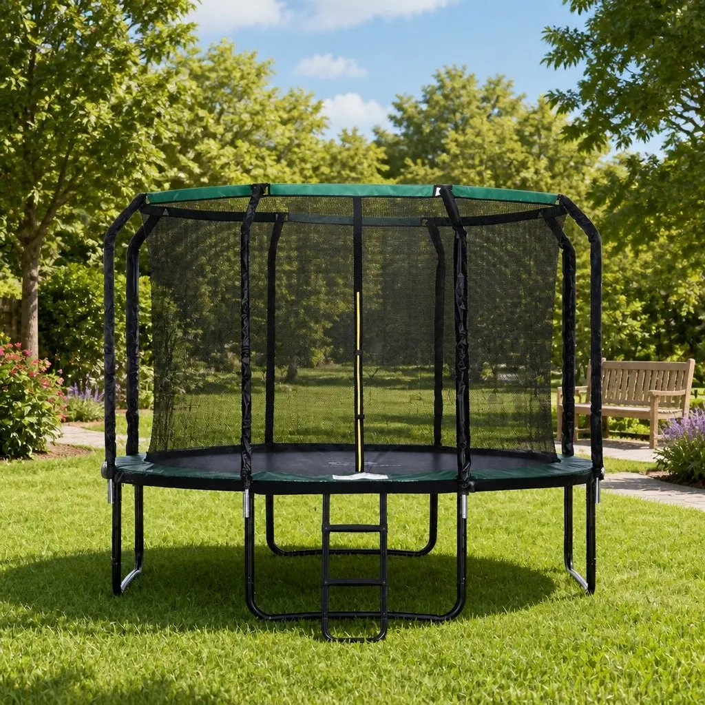 Round Trampoline Galvanised Steel 10FT Black with Safety Net and Step Ladder
