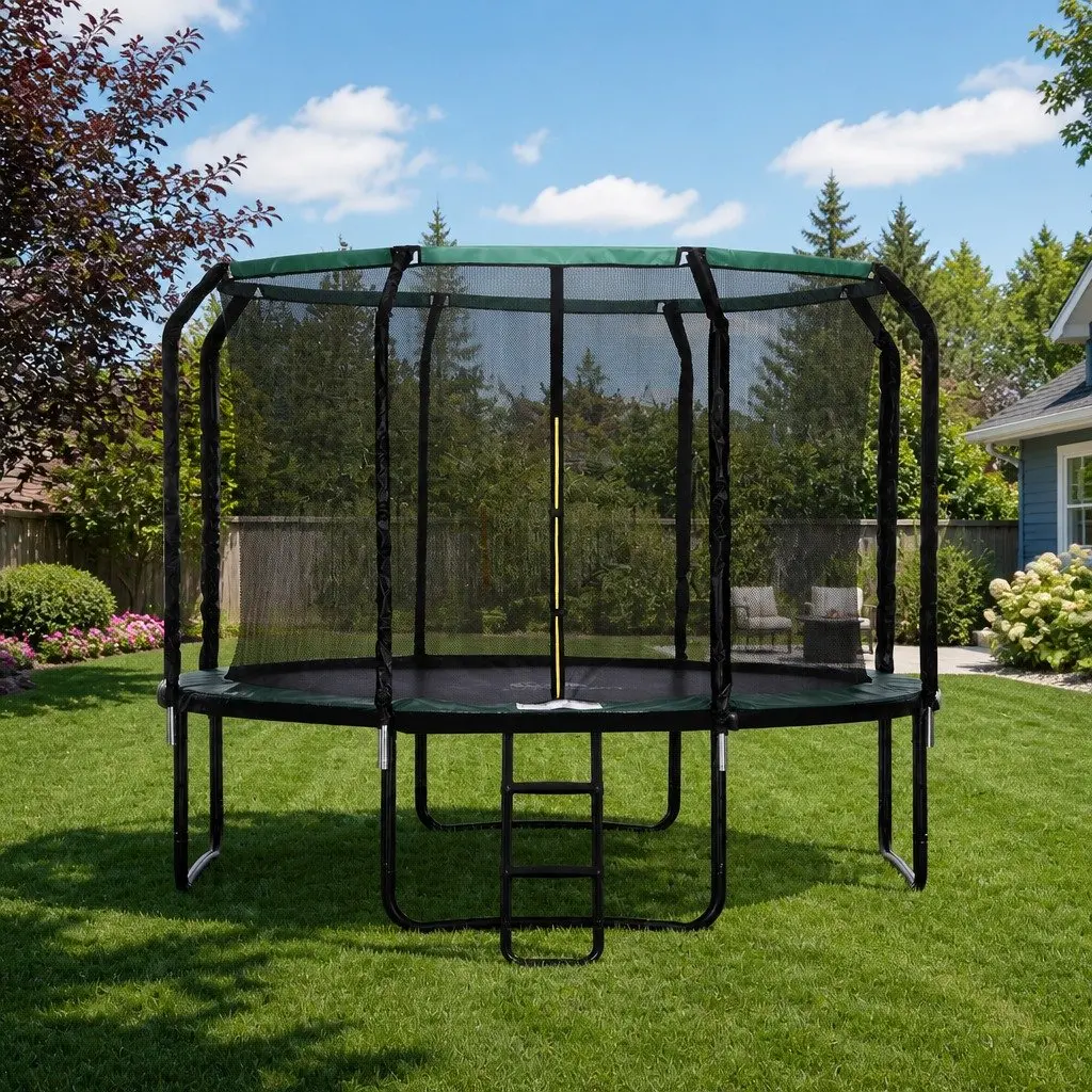 Round Trampoline Galvanised Steel 10FT Black with Safety Net and Step Ladder