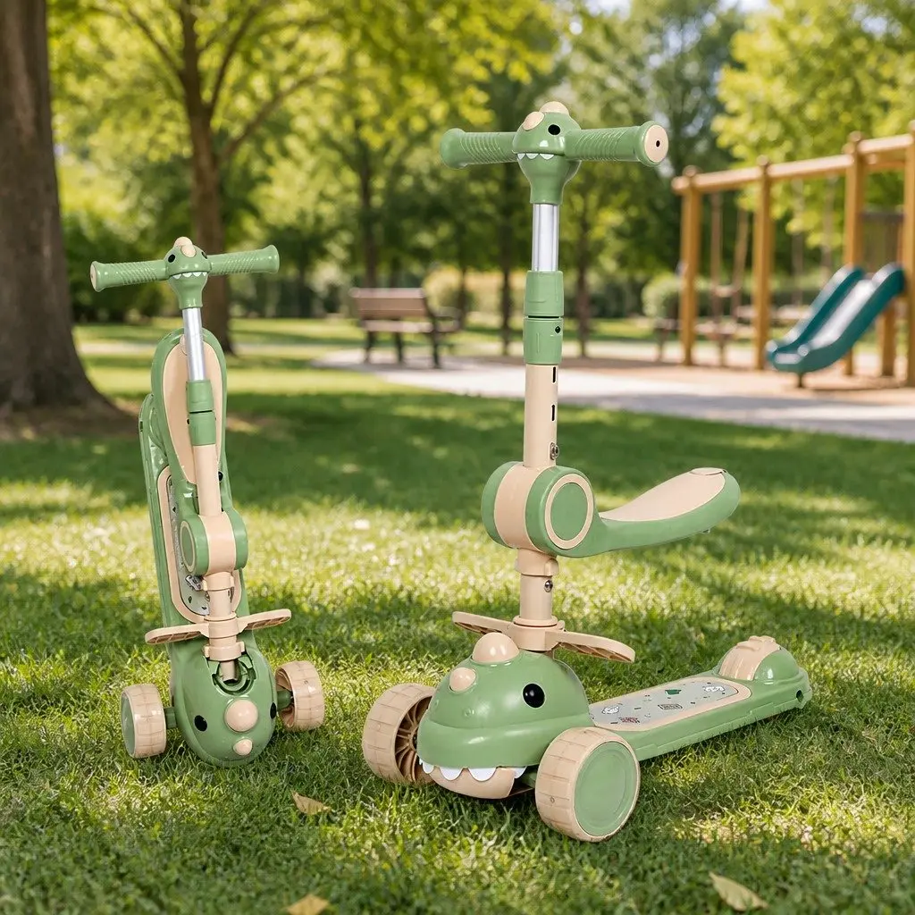 Kids Scooter Foldable Carbon Steel Pipe Adjustable Green 3 Wheels