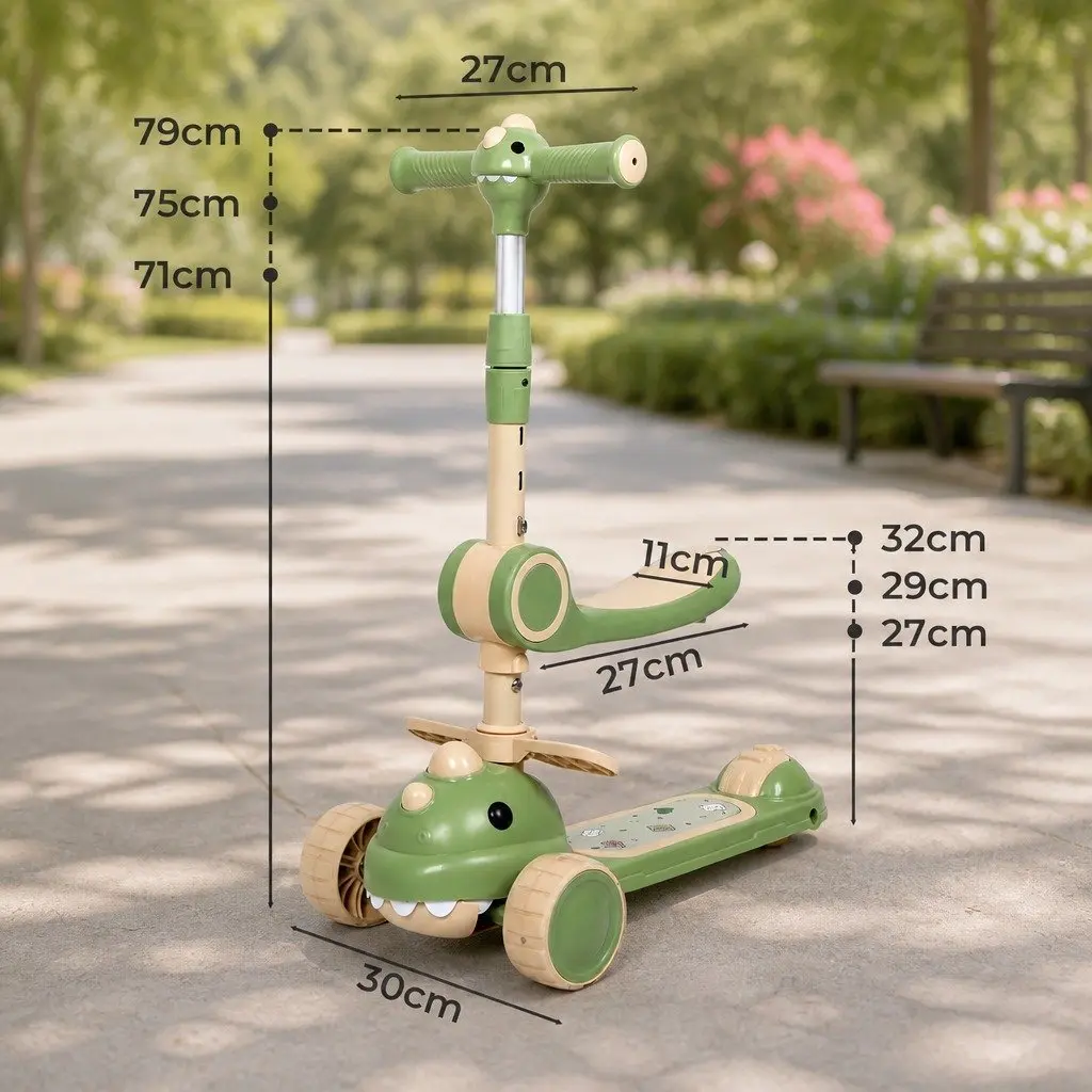 Kids Scooter Foldable Carbon Steel Pipe Adjustable Green 3 Wheels