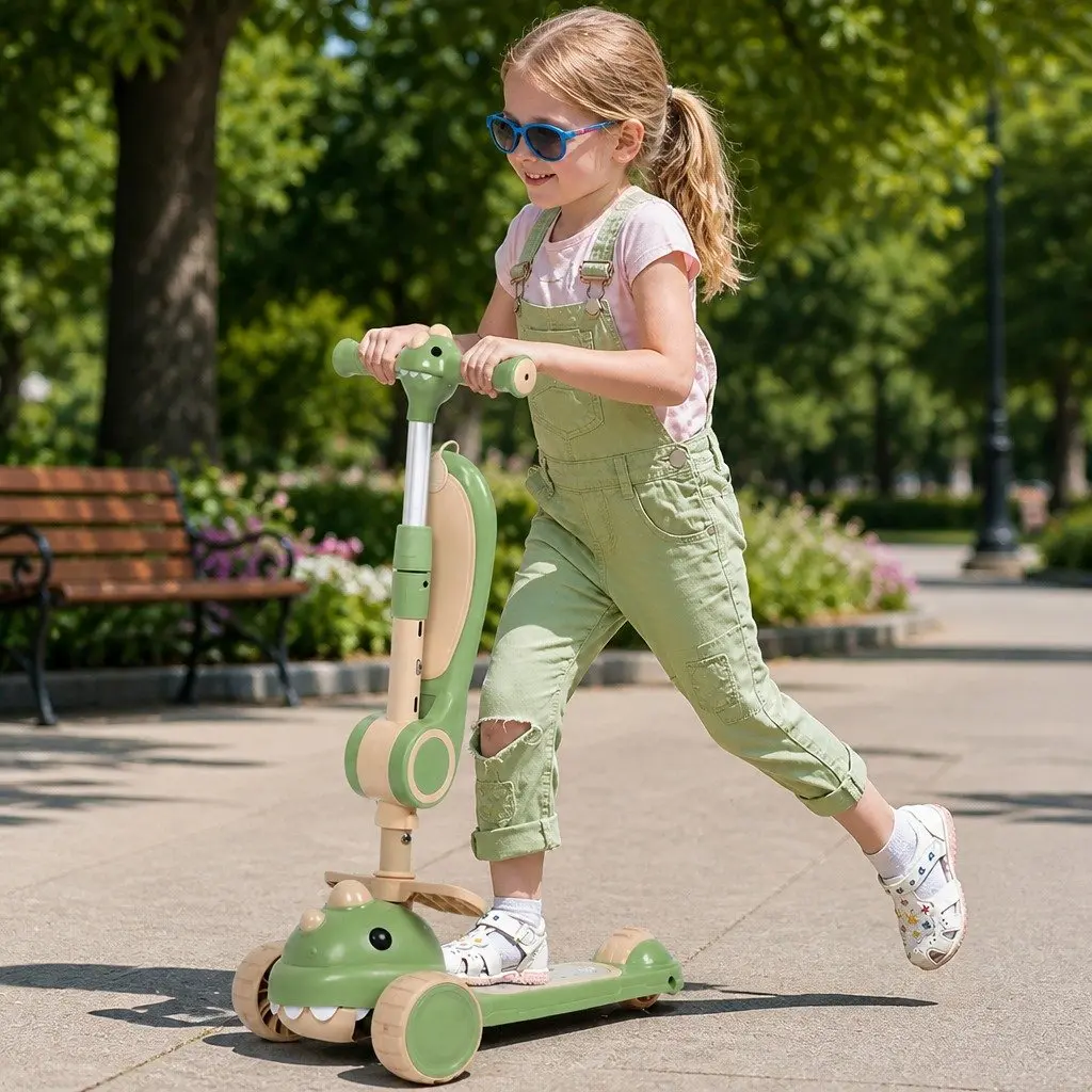Kids Scooter Foldable Carbon Steel Pipe Adjustable Green 3 Wheels