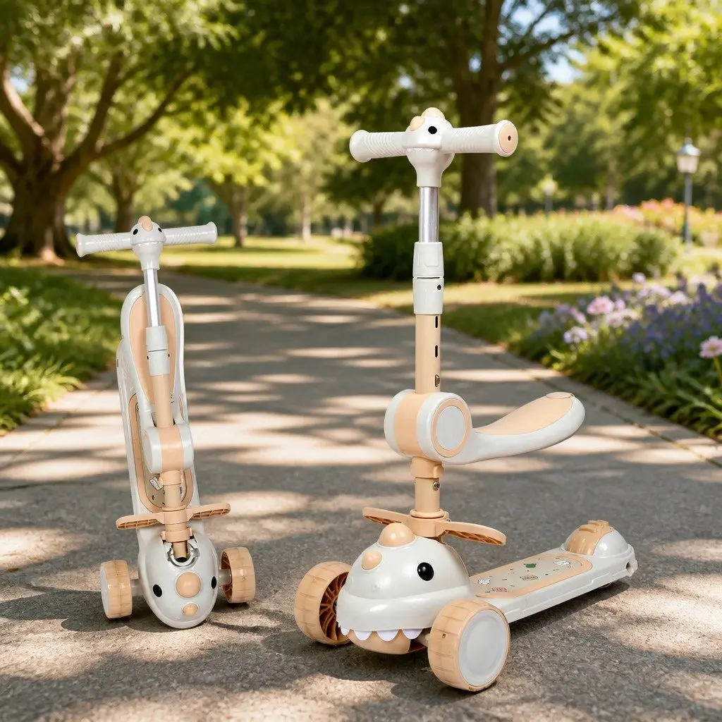 Kids Scooter Foldable PP 3 Wheels Adjustable Handlebar Beige