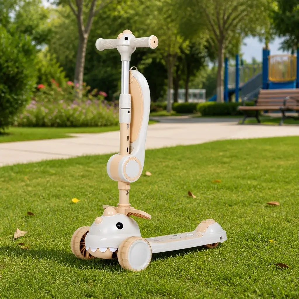 Kids Scooter Foldable PP 3 Wheels Adjustable Handlebar Beige