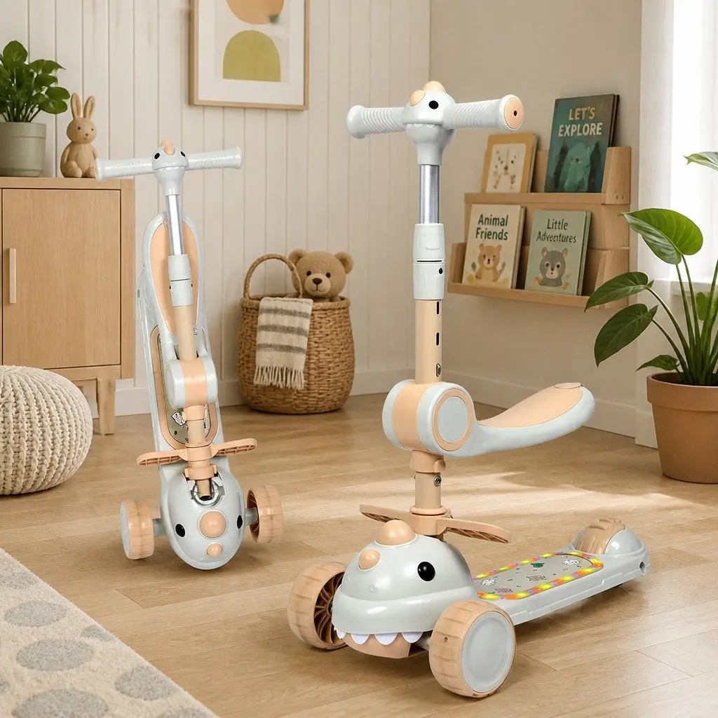 Kids Scooter Foldable PP 3 Wheels Adjustable Handlebar Beige