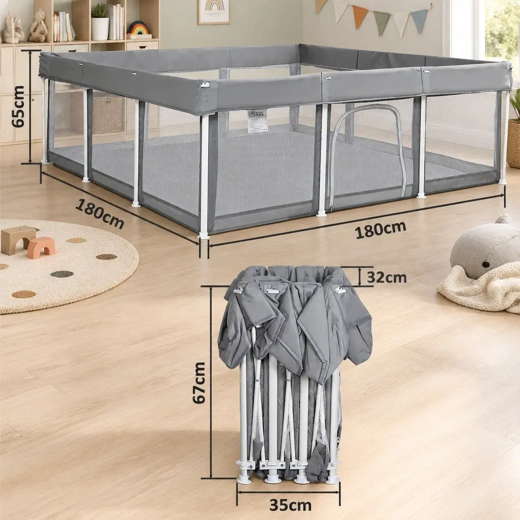 Kids Playpen Foldable 150D Oxford Fabric 180x180cm Grey or Brown and Black