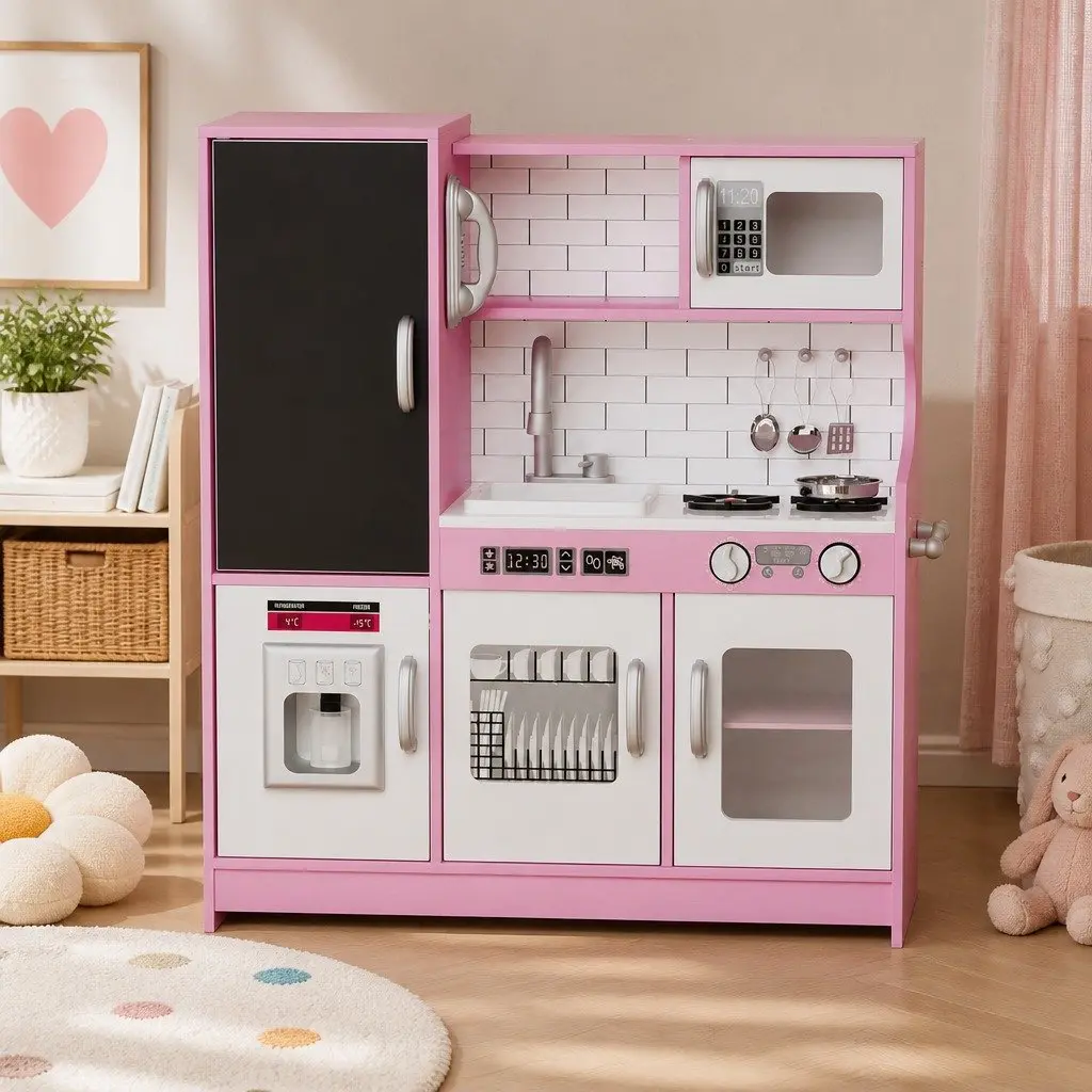 Wooden Kids Kitchen Set Pretend Play Cooking Toy with Microwave Oven Sink Stove