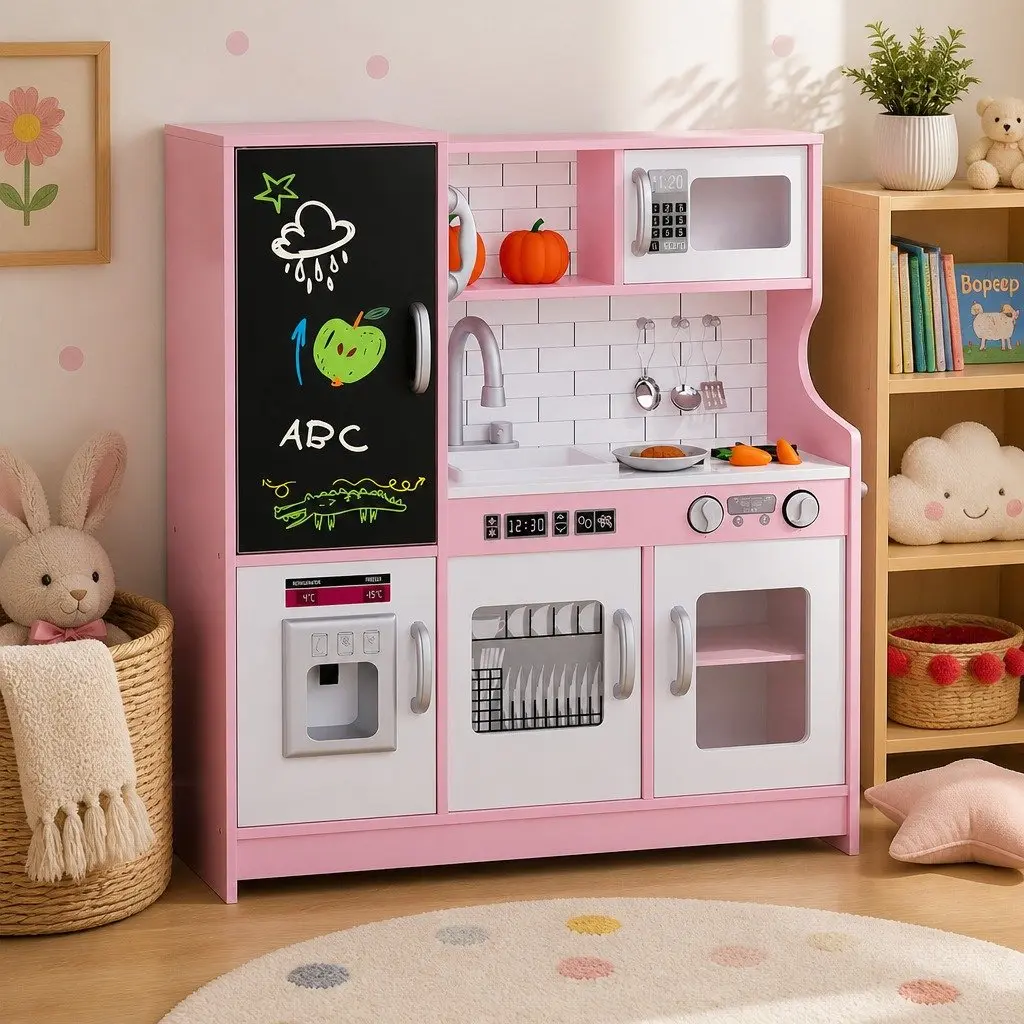 Wooden Kids Kitchen Set Pretend Play Cooking Toy with Microwave Oven Sink Stove