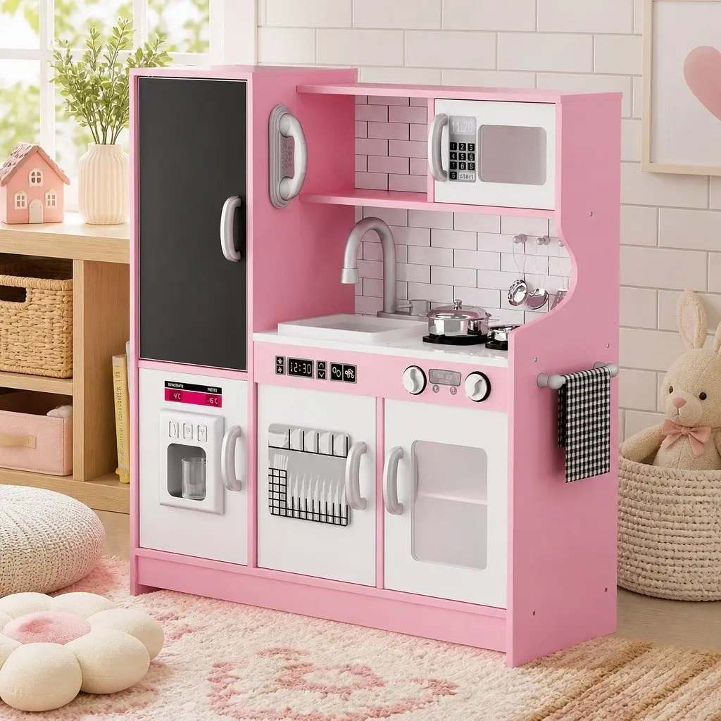 Wooden Kids Kitchen Set Pretend Play Cooking Toy with Microwave Oven Sink Stove