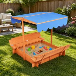 Kids Wooden Sandbox with Adjustable Canopy Foldable Bench Seats Outdoor Play