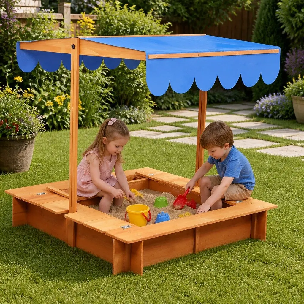 Wooden Sandbox with Adjustable Canopy Foldable Benches Outdoor Play Natural 112cm