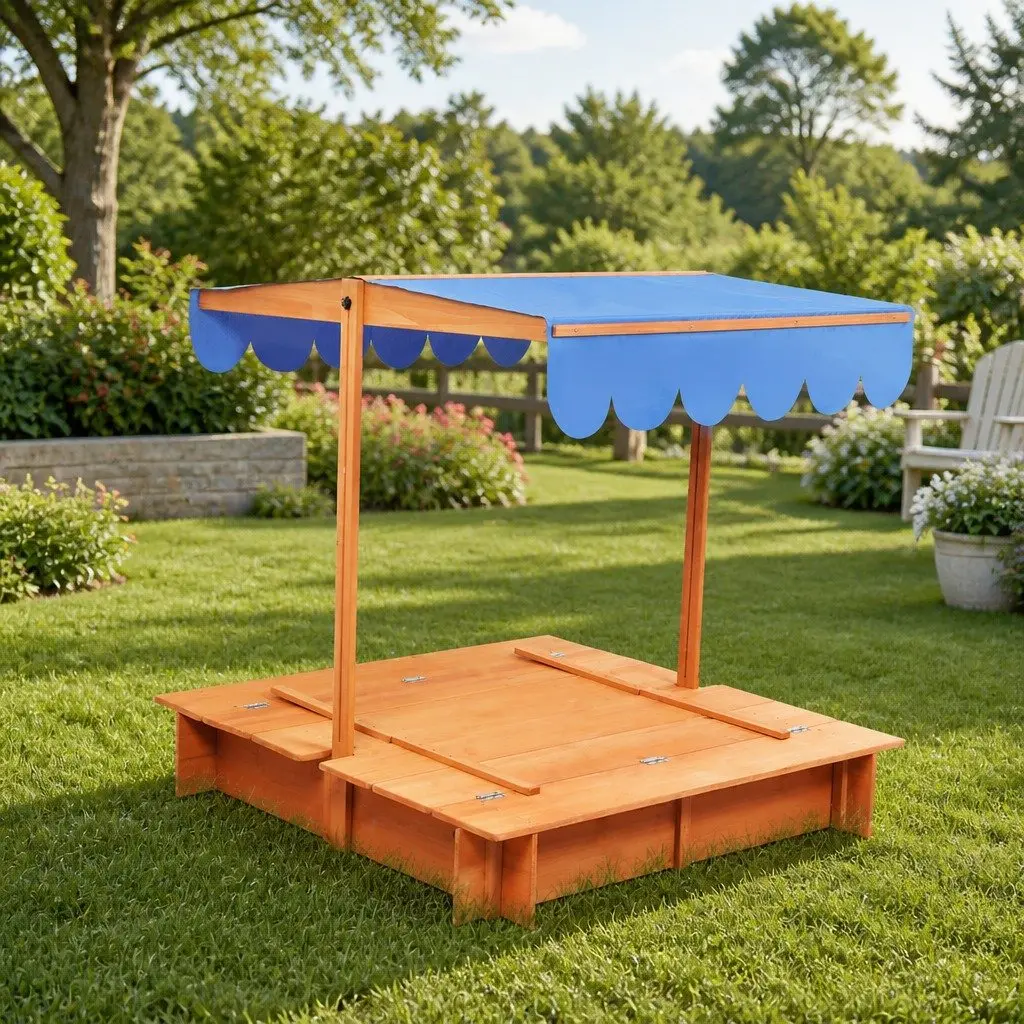 Wooden Sandbox with Adjustable Canopy Foldable Benches Outdoor Play Natural 112cm
