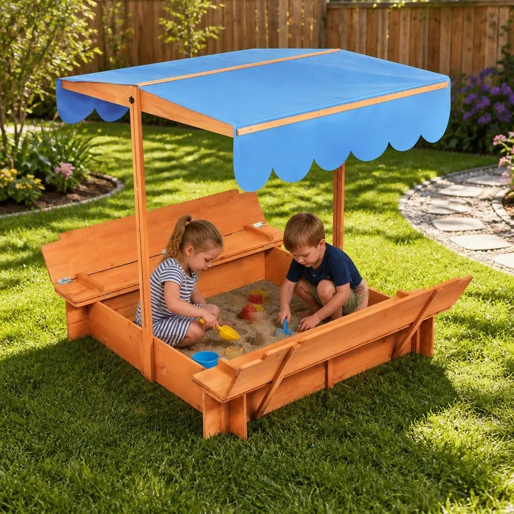 Wooden Sandbox with Adjustable Canopy Foldable Benches Outdoor Play Natural 112cm