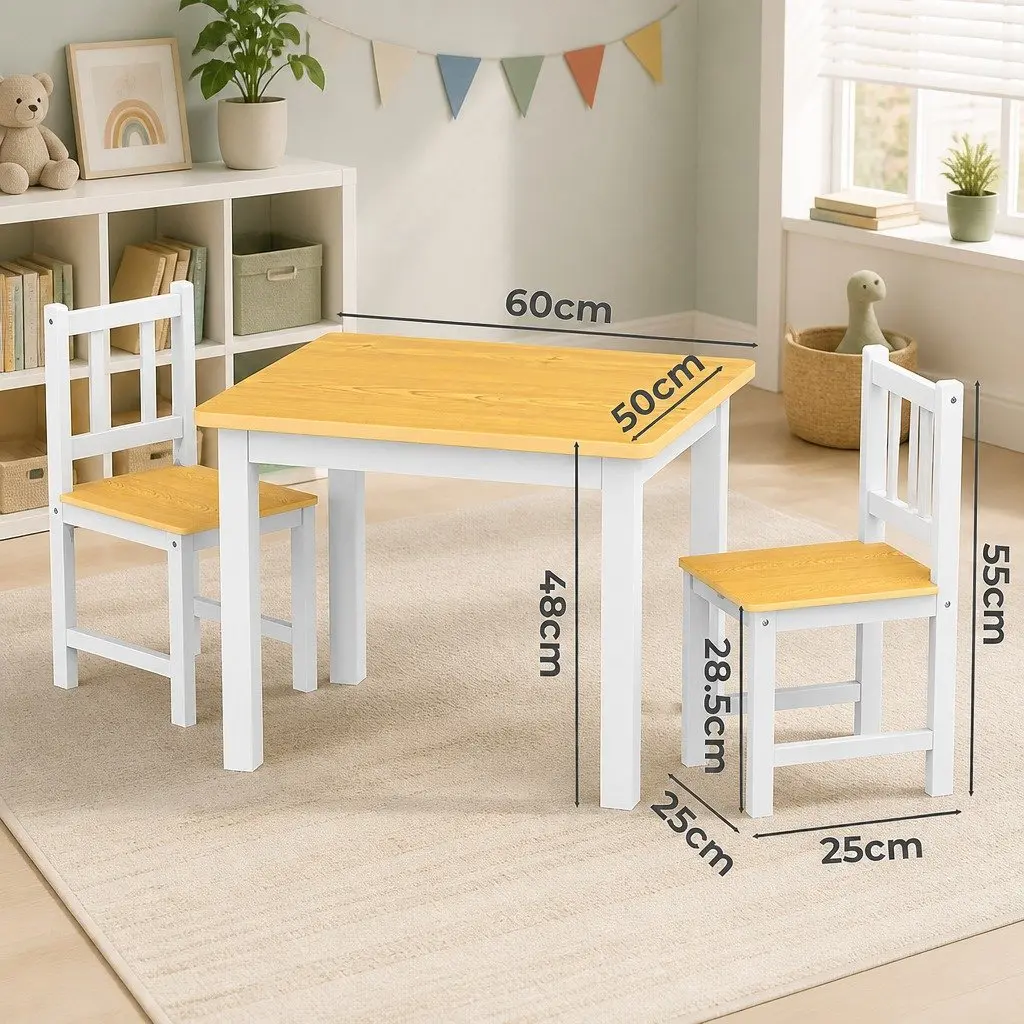 Kids Table and Chairs Set Wooden 3PCS White MDF Pine 60cm x 50cm x 48cm