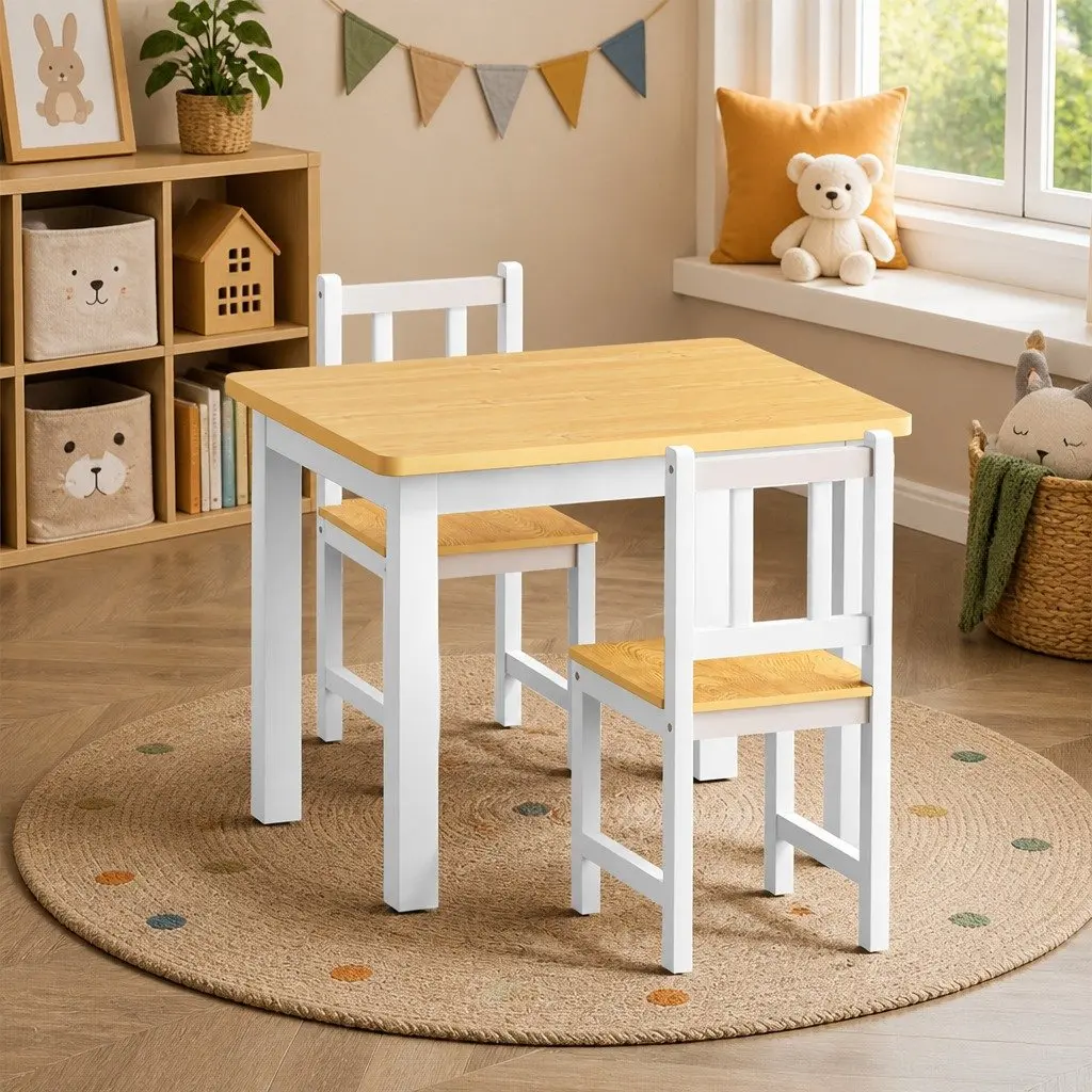 Kids Table and Chairs Set Wooden 3PCS White MDF Pine 60cm x 50cm x 48cm